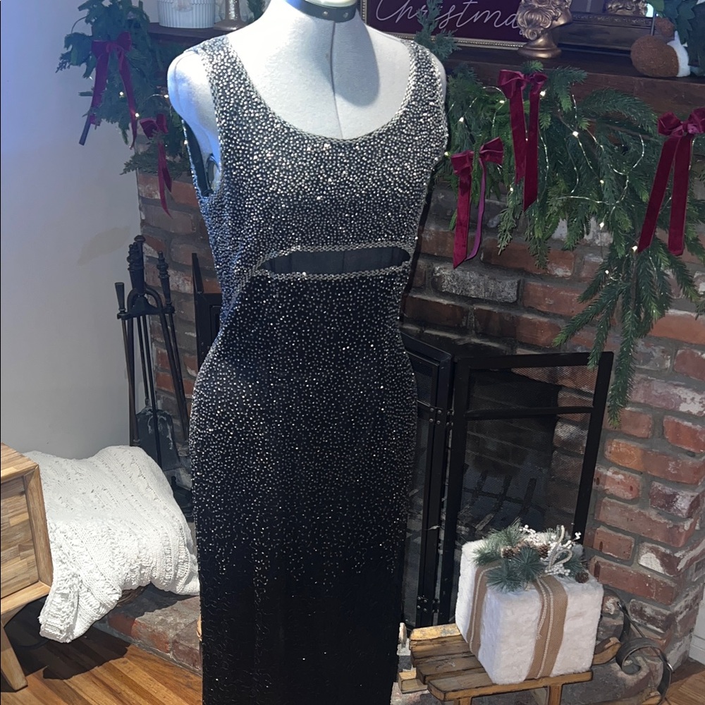 Papell Boutique Black Beaded Dress Pure Silk